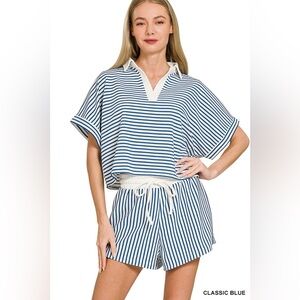 Zenana Striped Collared Top & Shorts Set